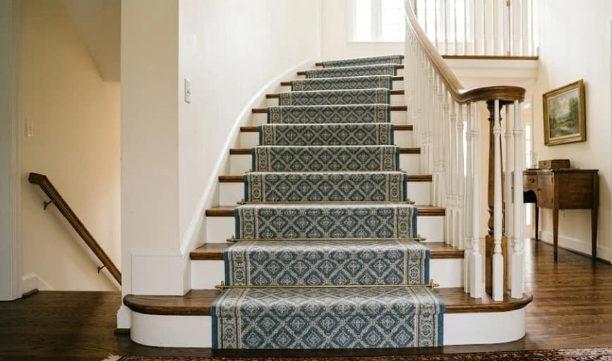 Carpet stair runner installation by 2020 Flooring with exposed hardwood edges on a residential staircase