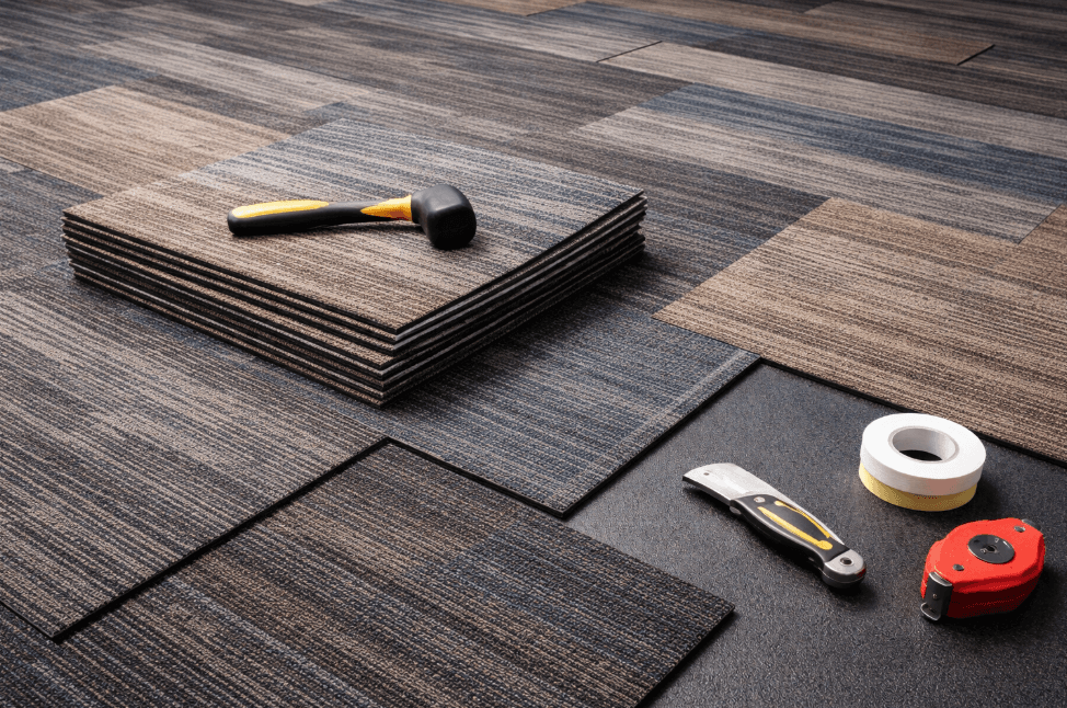 Commercial carpet planks installed by 2020 Flooring in a contemporary office environment