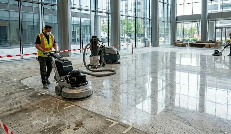 Commercial floor restoration by 2020 Flooring restoring a worn commercial floor to like-new condition