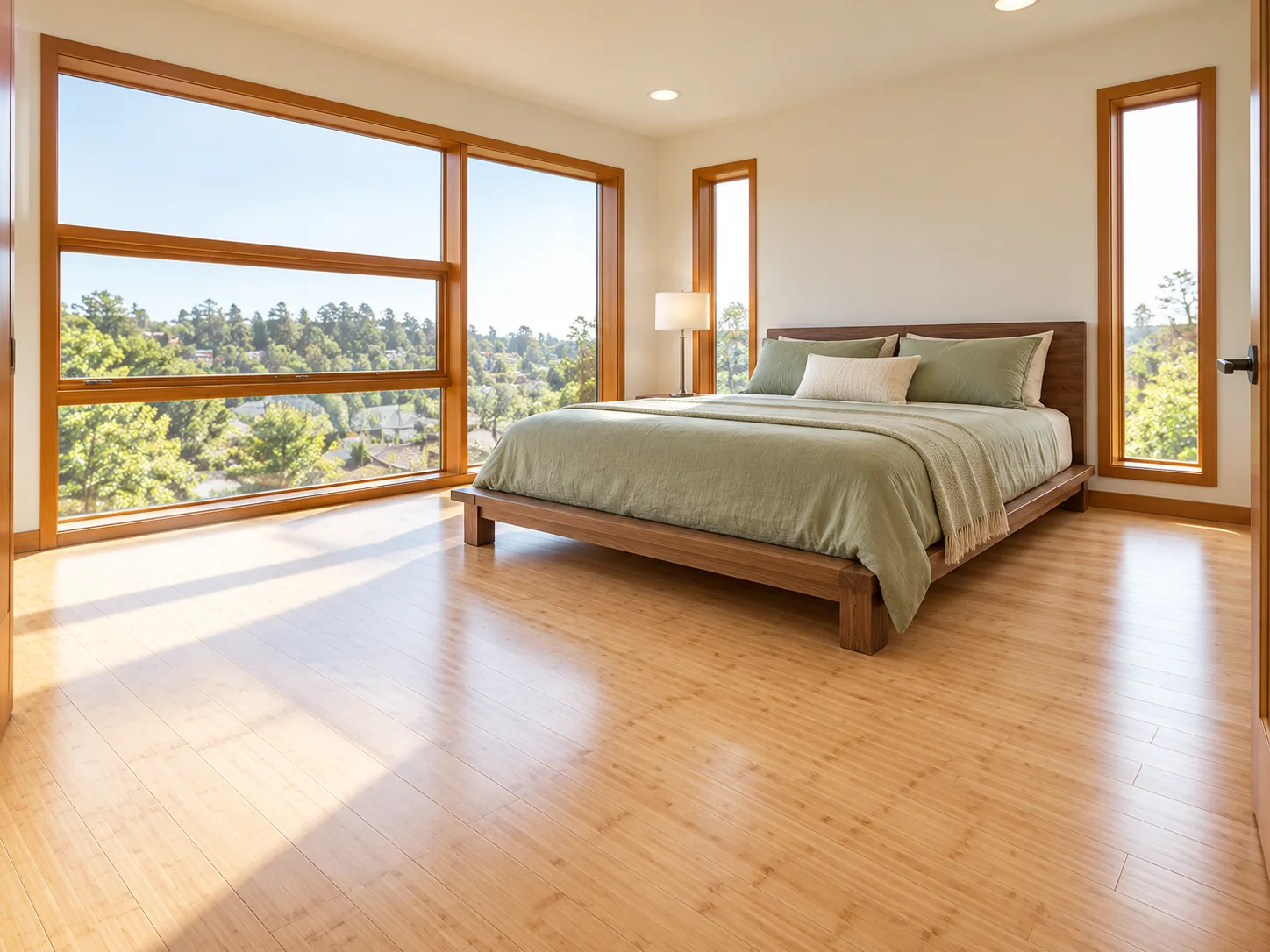Bamboo flooring installation by 2020 Flooring in a sunlit bedroom with floor-to-ceiling windows and a walnut platform bed