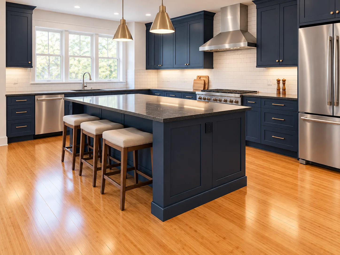 Honey-toned bamboo flooring installation by 2020 Flooring in a kitchen with navy shaker cabinets and a stone-topped island