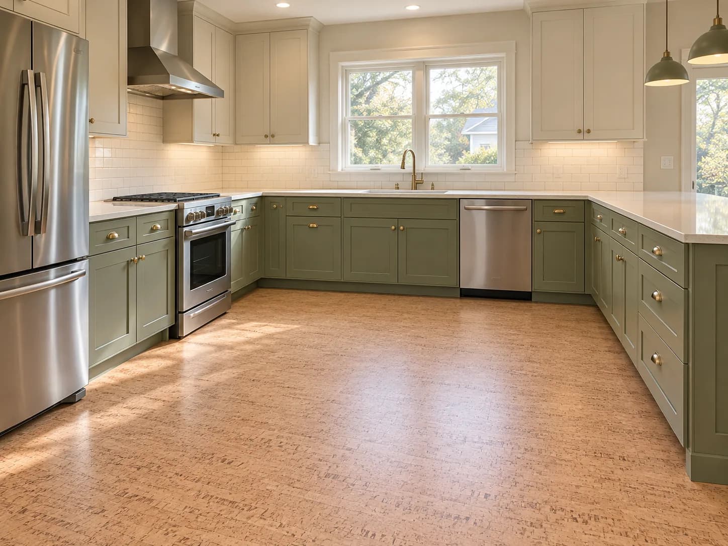 Cork flooring installation by 2020 Flooring in a kitchen with olive green shaker cabinets, showing cork’s flecked natural grain