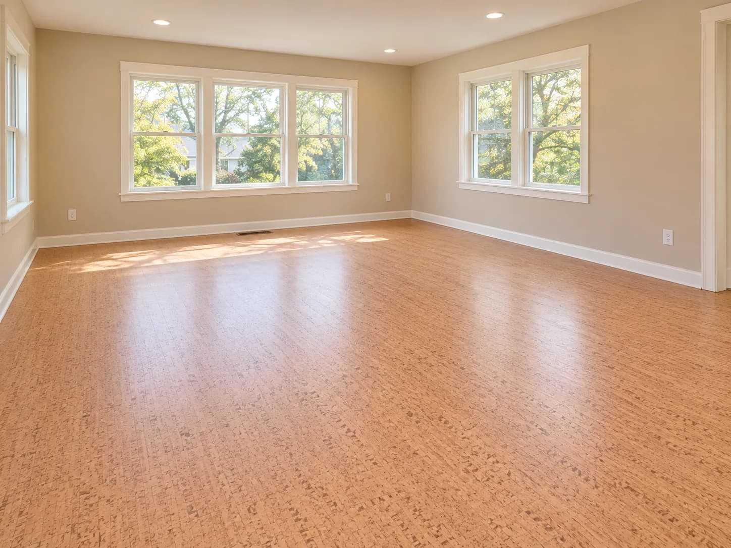 Cork flooring installation by 2020 Flooring running wall to wall across a sunlit living room with white painted trim