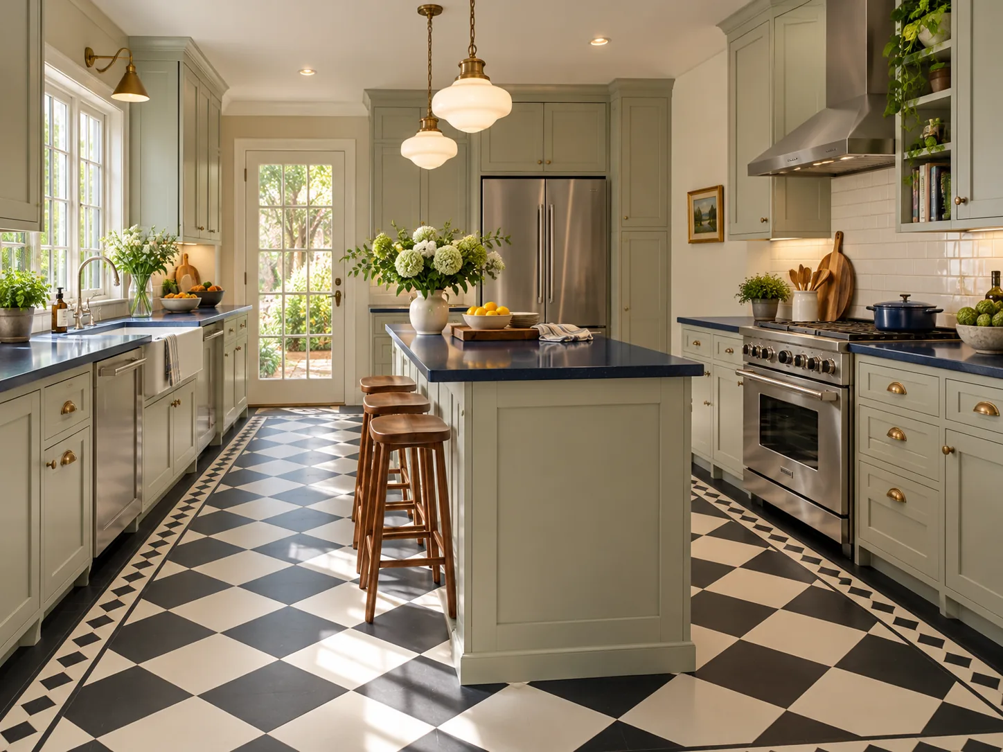 Checkerboard Marmoleum kitchen flooring installation by 2020 Flooring, with a cut diamond border running around a sage green galley kitchen