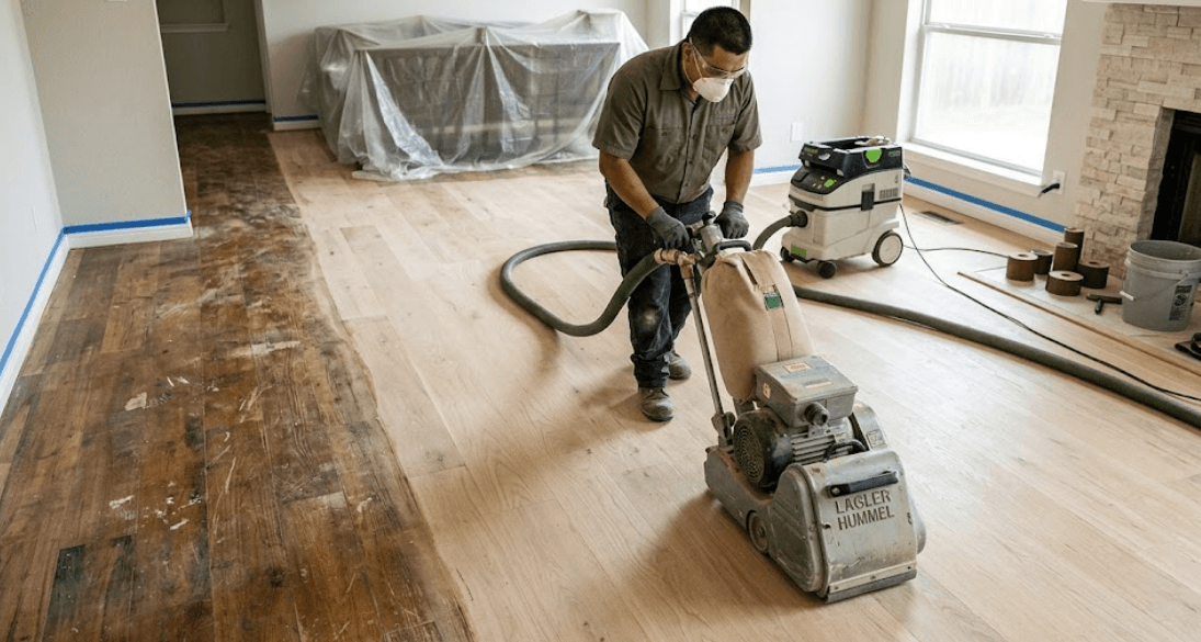 Hardwood floor refinishing service by 2020 Flooring restoring natural wood beauty