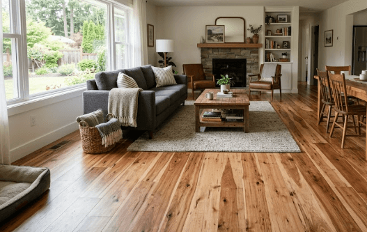 Hickory solid hardwood flooring sample installed by 2020 Flooring with dramatic color variation and rustic character