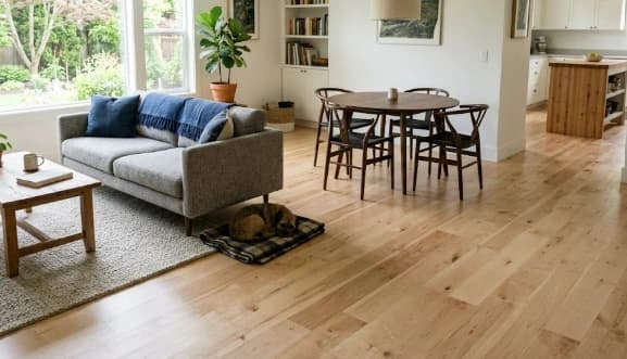 Maple solid hardwood flooring by 2020 Flooring showing light natural grain in a residential space