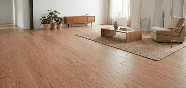 Red oak solid hardwood flooring sample installed by 2020 Flooring showing warm pinkish-brown grain