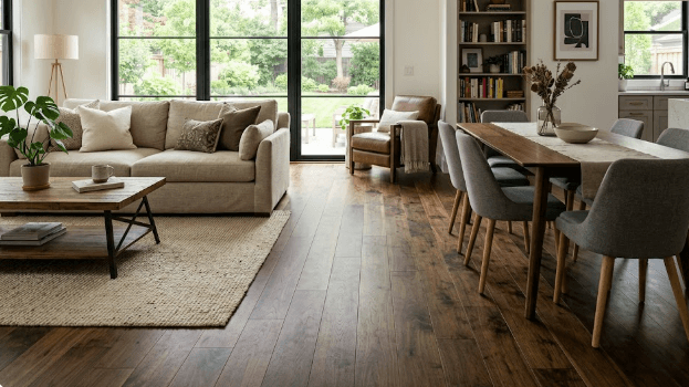 Walnut solid hardwood flooring sample installed by 2020 Flooring with rich chocolate-brown color