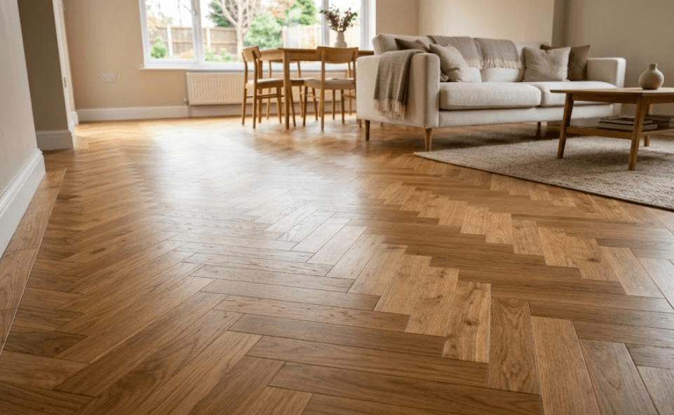 Close-up of wood parquet flooring showing herringbone pattern detail
