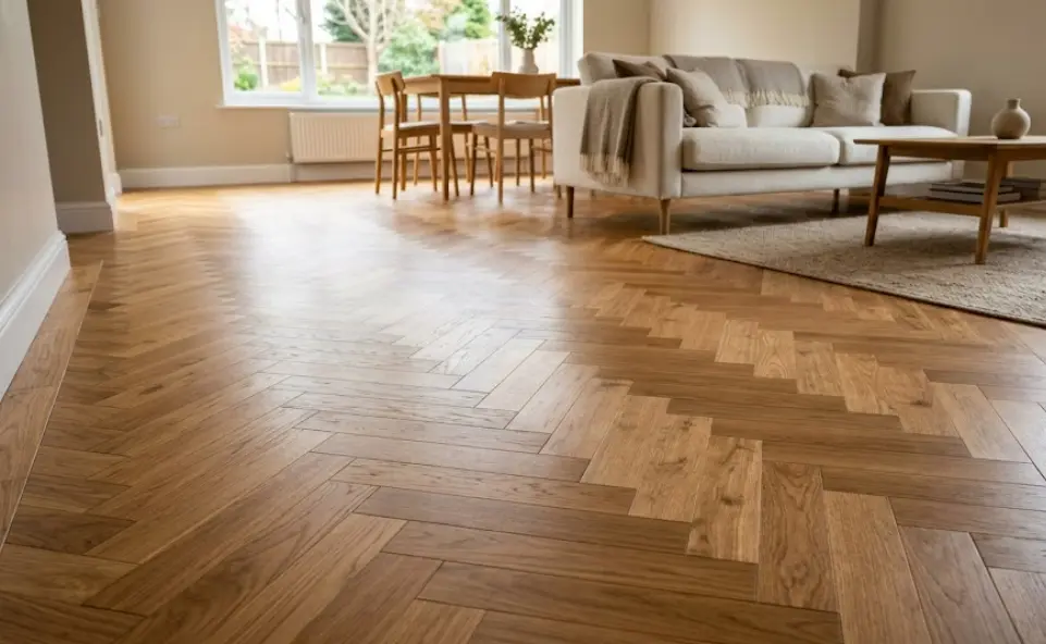 White oak herringbone parquet flooring installed by 2020 Flooring showing the geometric wood pattern in detail