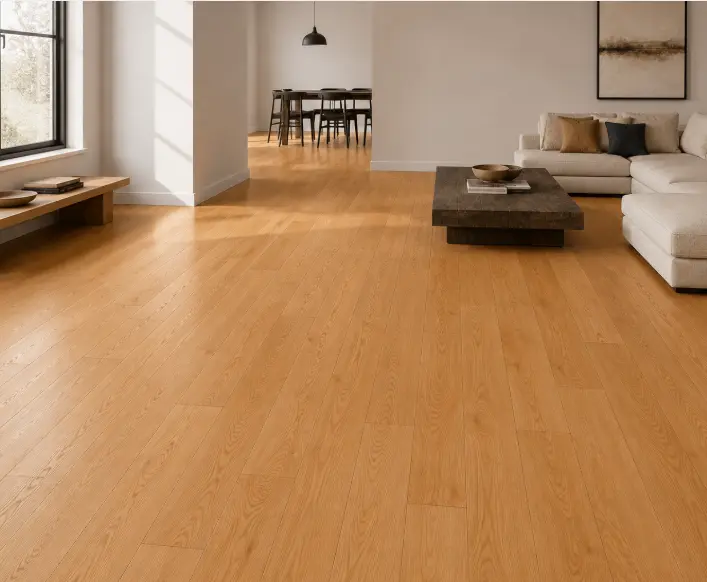 Solid red oak flooring in a natural finish, installed