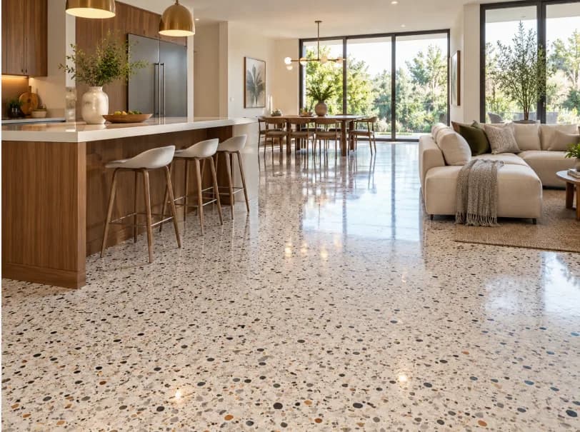 Seamless poured terrazzo floor in an open-plan residential kitchen and living room