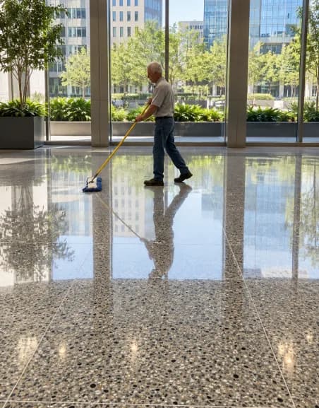 Restored and sealed terrazzo lobby floor being dust-mopped, showing a mirror-gloss polished finish
