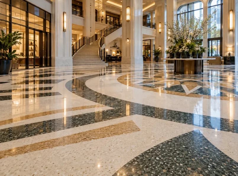 Poured terrazzo floor with custom divider-strip inlay pattern in a commercial lobby