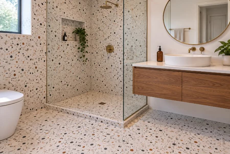 Terrazzo tile bathroom floor and shower walls in a modern residential bathroom