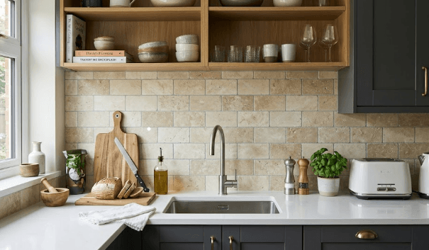 Natural stone kitchen backsplash installation by 2020 Flooring with marble veining and organic texture