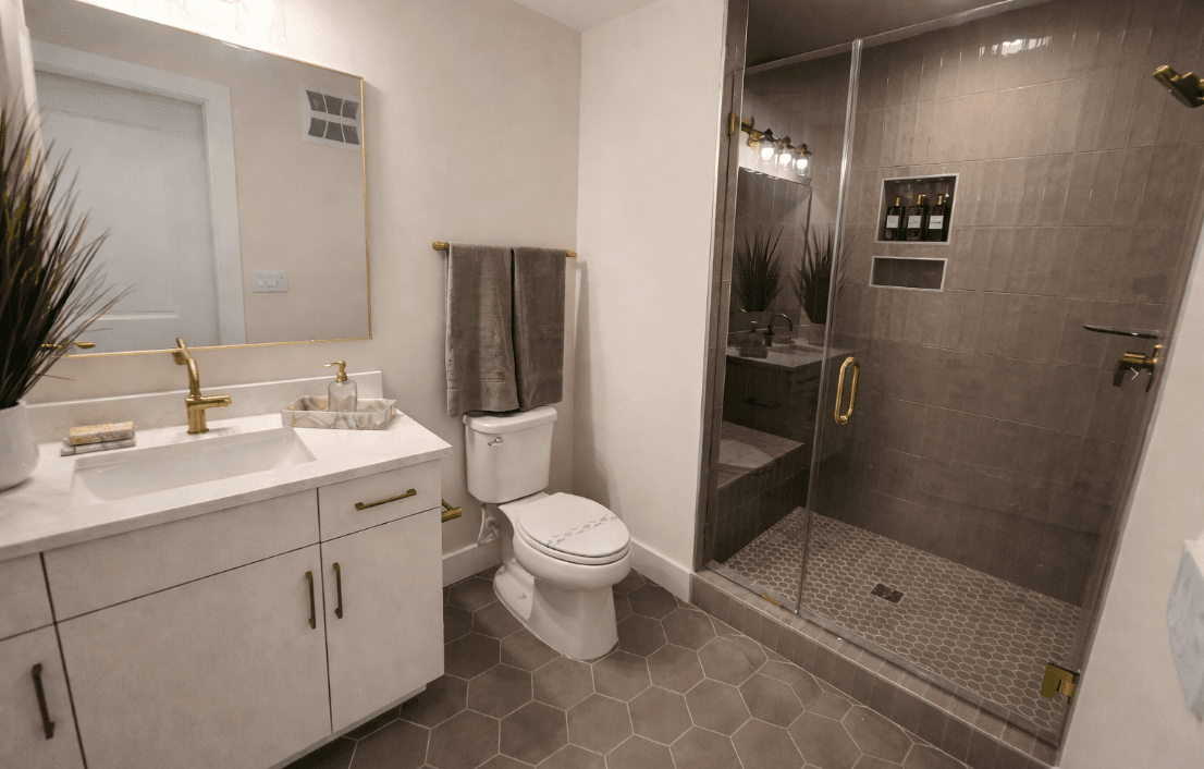 Porcelain bathroom tile installation around sink and shower by 2020 Flooring