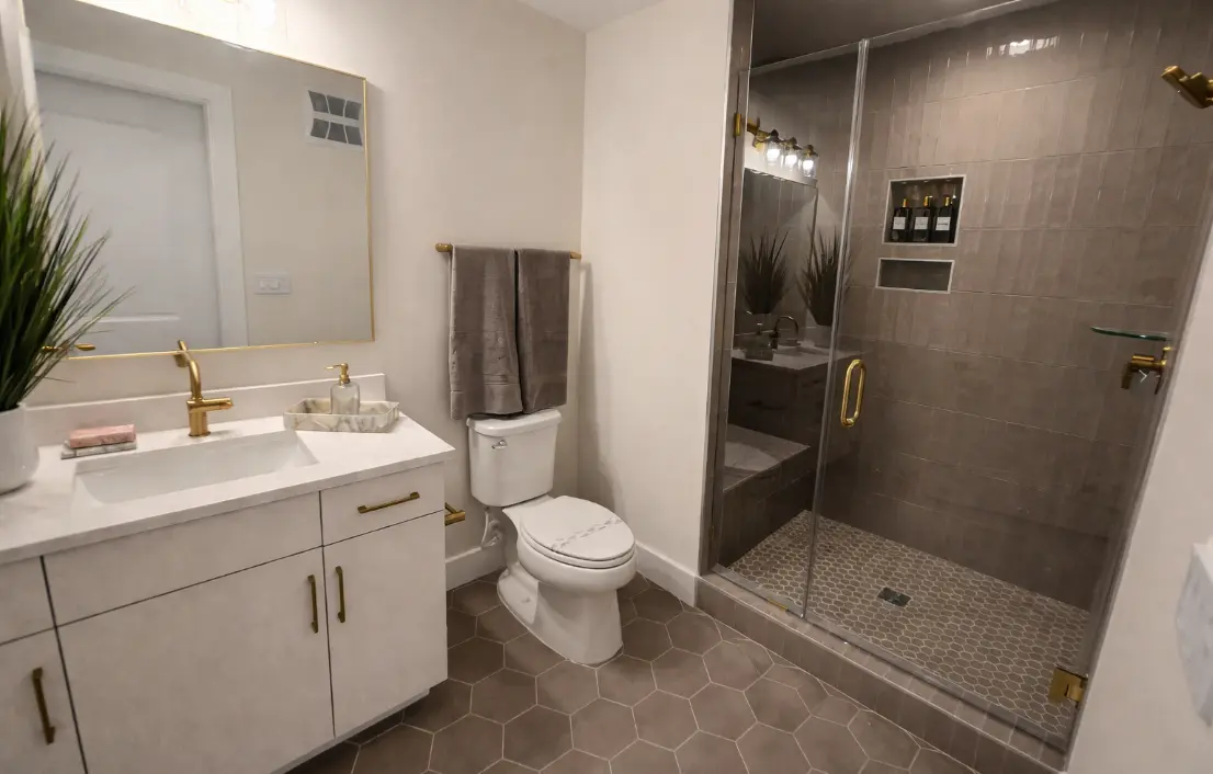 Porcelain bathroom tile installation around sink and shower by 2020 Flooring