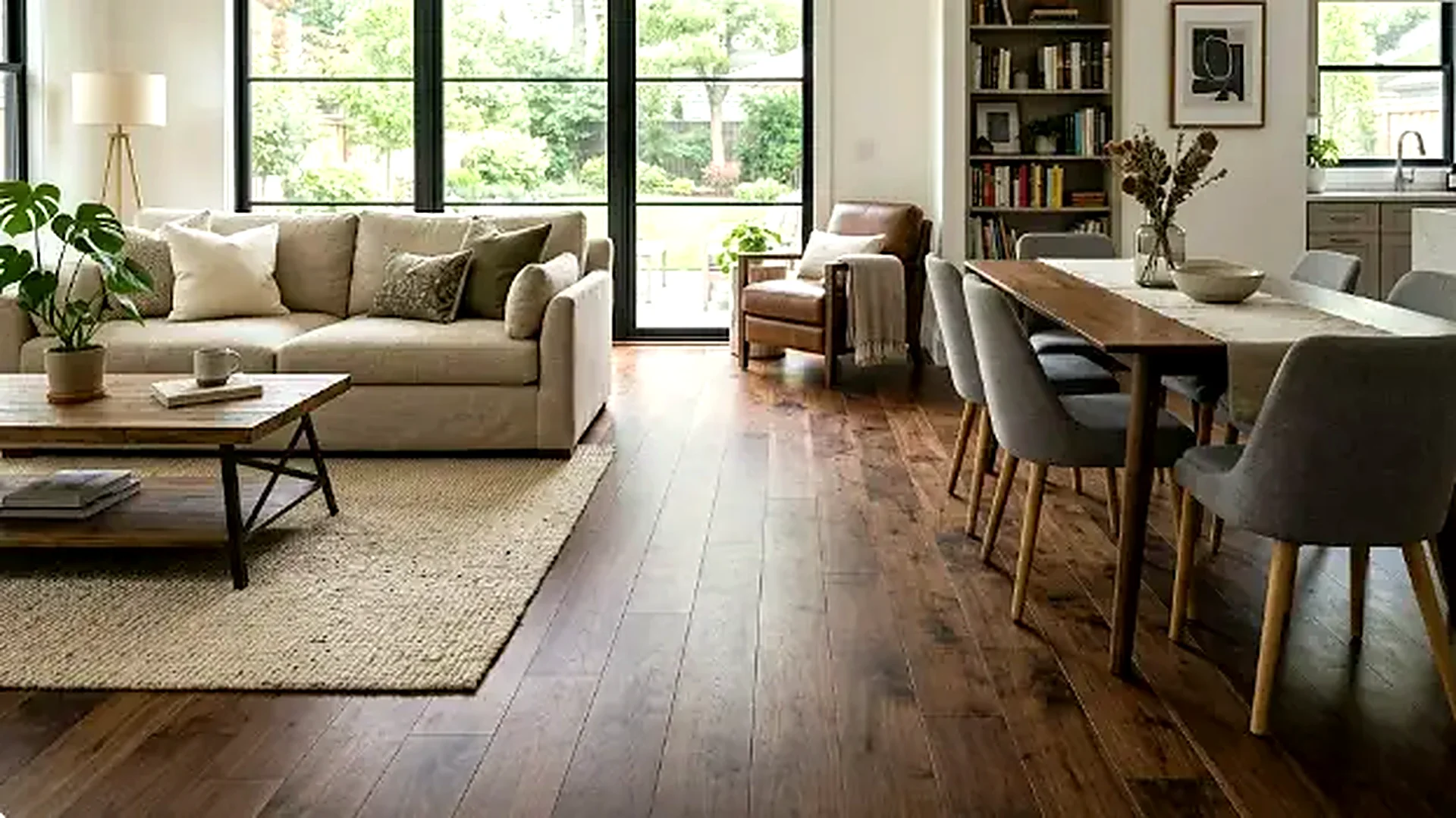 Wide-plank walnut hardwood flooring in a bright open-plan living and dining room, installed by 2020 Flooring
