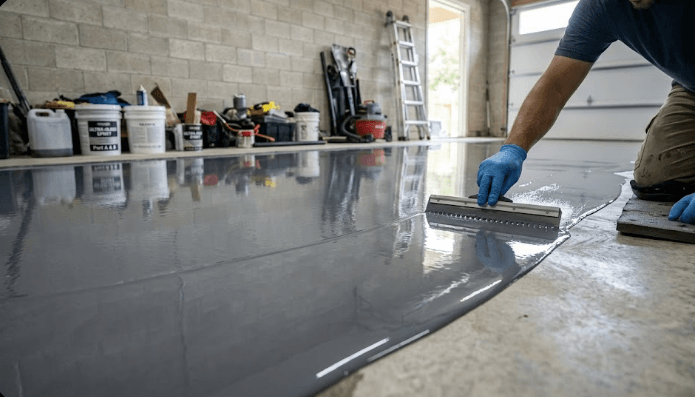 Epoxy floor coating applied to a concrete basement slab by 2020 Flooring
