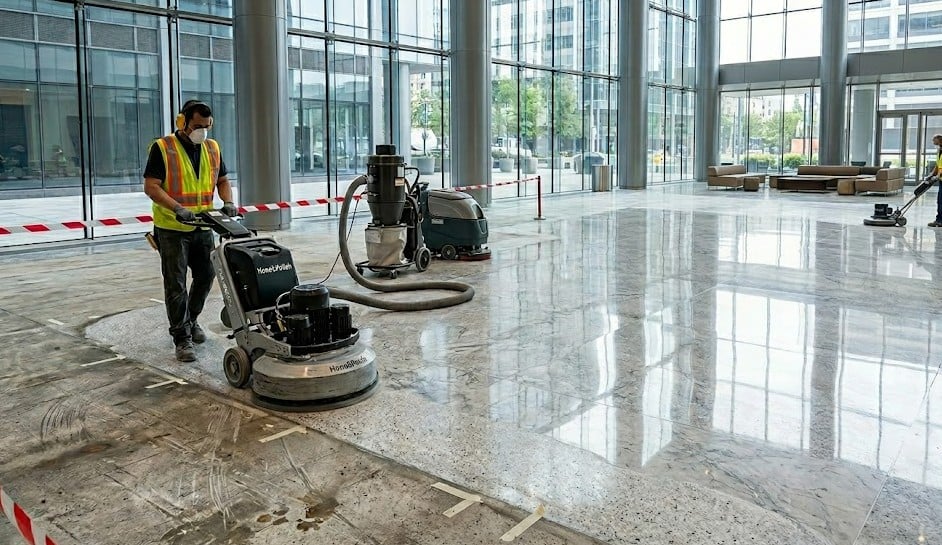 Commercial floor restoration by 2020 Flooring restoring a worn commercial floor to like-new condition