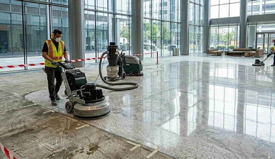 Commercial floor restoration by 2020 Flooring restoring a worn commercial floor to like-new condition