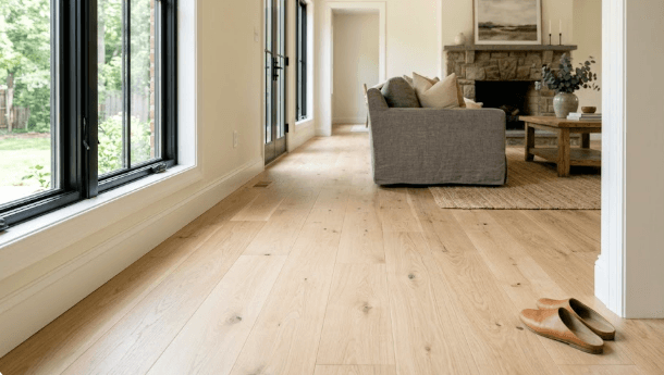 White oak hardwood flooring installed by 2020 Flooring across an open contemporary living space