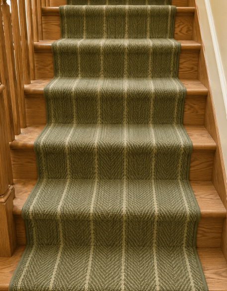 Hollywood carpet stair installation — the runner is contoured and tucked tight into every step, by 2020 Flooring in the DC metro area