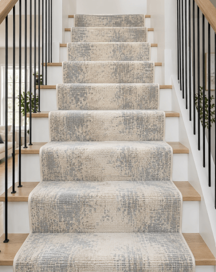 Waterfall carpet stair installation — the runner cascades straight down each riser, by 2020 Flooring in Maryland