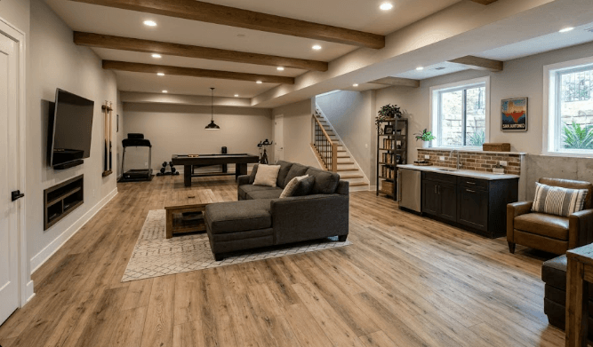 Waterproof luxury vinyl plank basement flooring installed by 2020 Flooring in a Maryland home