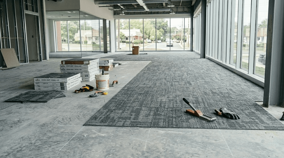 Commercial carpet installation over concrete subfloor by 2020 Flooring in a commercial space