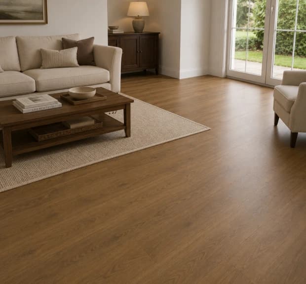 Wide-plank European white oak flooring installed in a living room