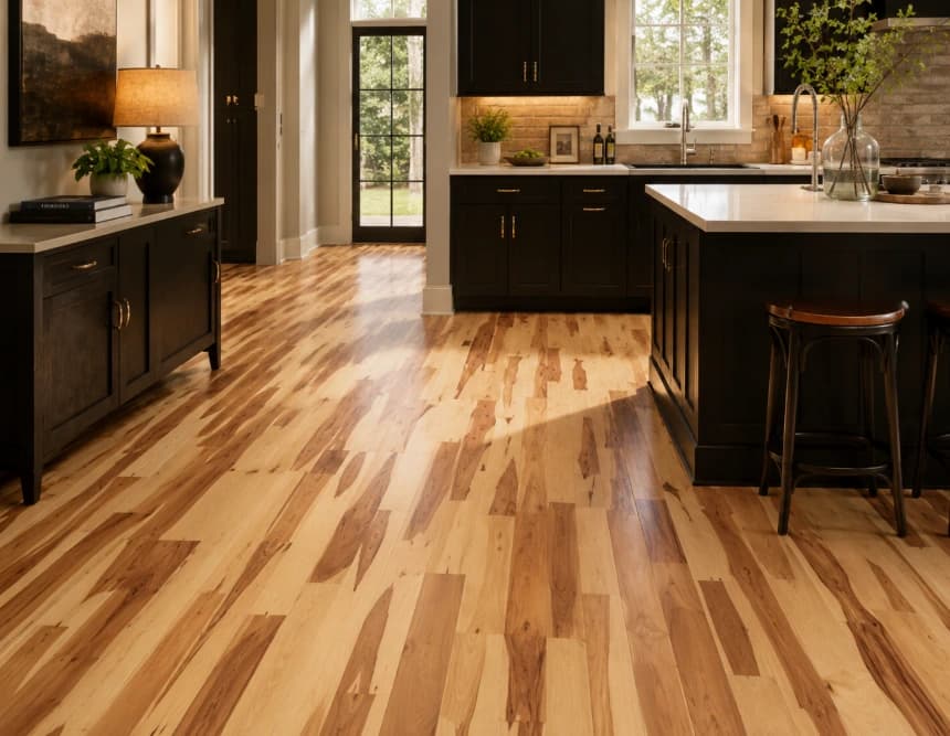 Solid hickory flooring in a natural finish, showing pronounced grain variation