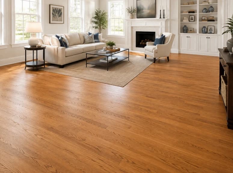 Narrow 2.25 inch solid oak flooring in a Gunstock stain, installed