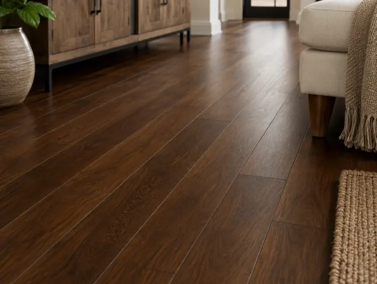 Finished walnut floor with deep colour and visible grain