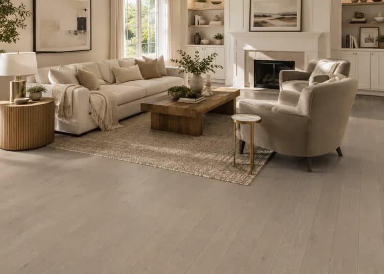 Solid white oak flooring in a pale First Frost stain, installed