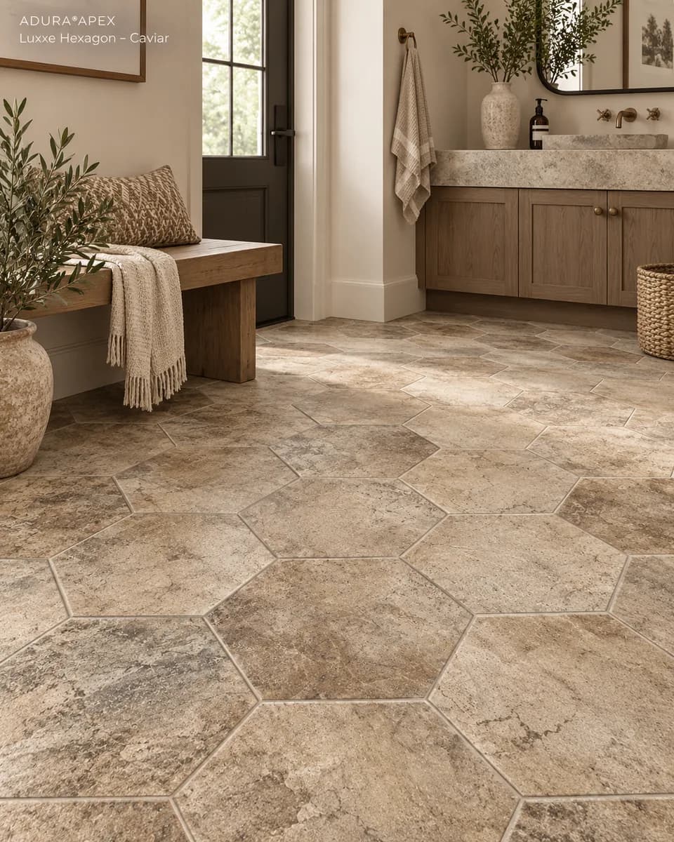 Mannington ADURA APEX Luxxe Hexagon 13.6" x 11.8" Luxury Vinyl Tile in Caviar — available at 2020 Flooring