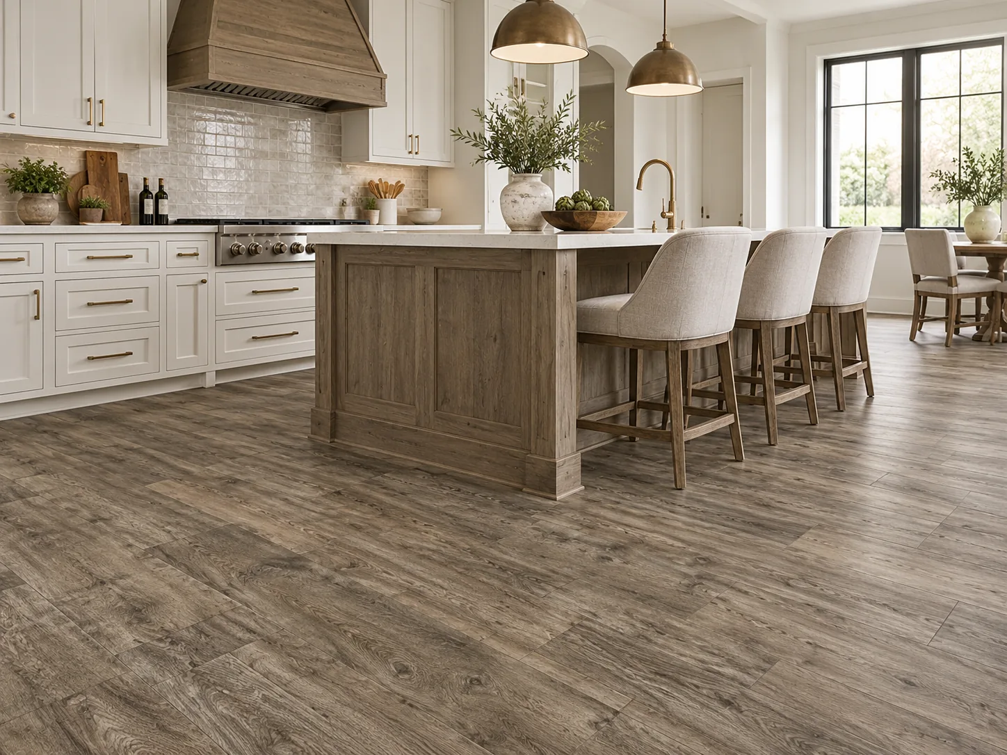 Mannington Platinum Black Mountain Oak sheet vinyl in Coal across an open-plan apartment kitchen