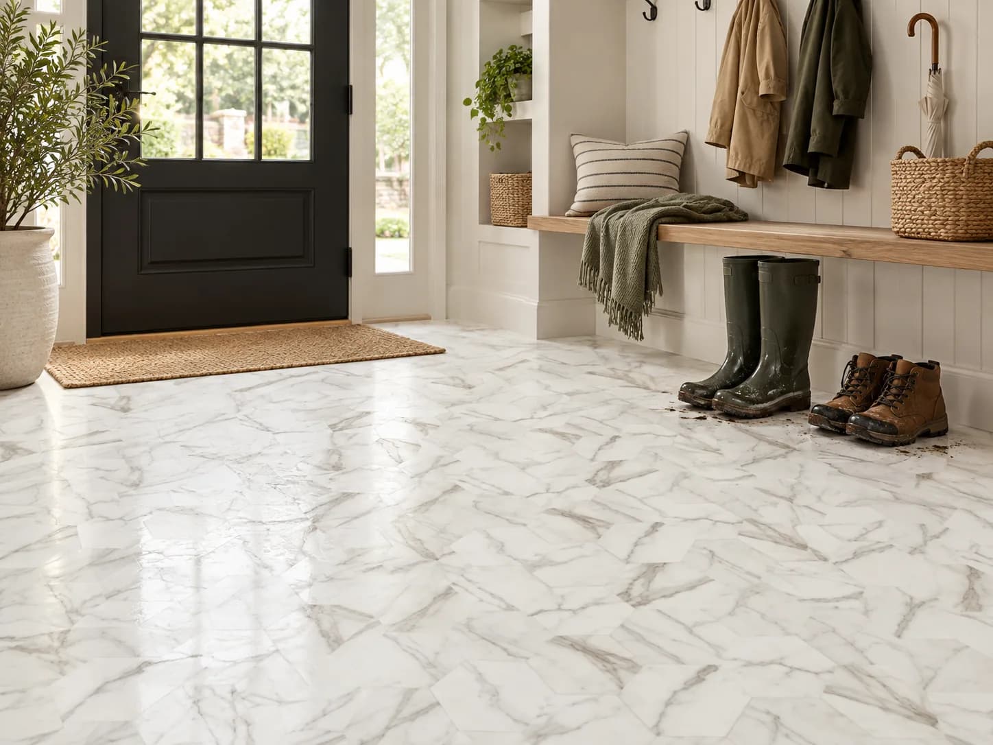 Mannington Platinum Carrara Sheet Vinyl in Pearl, shown in building entries