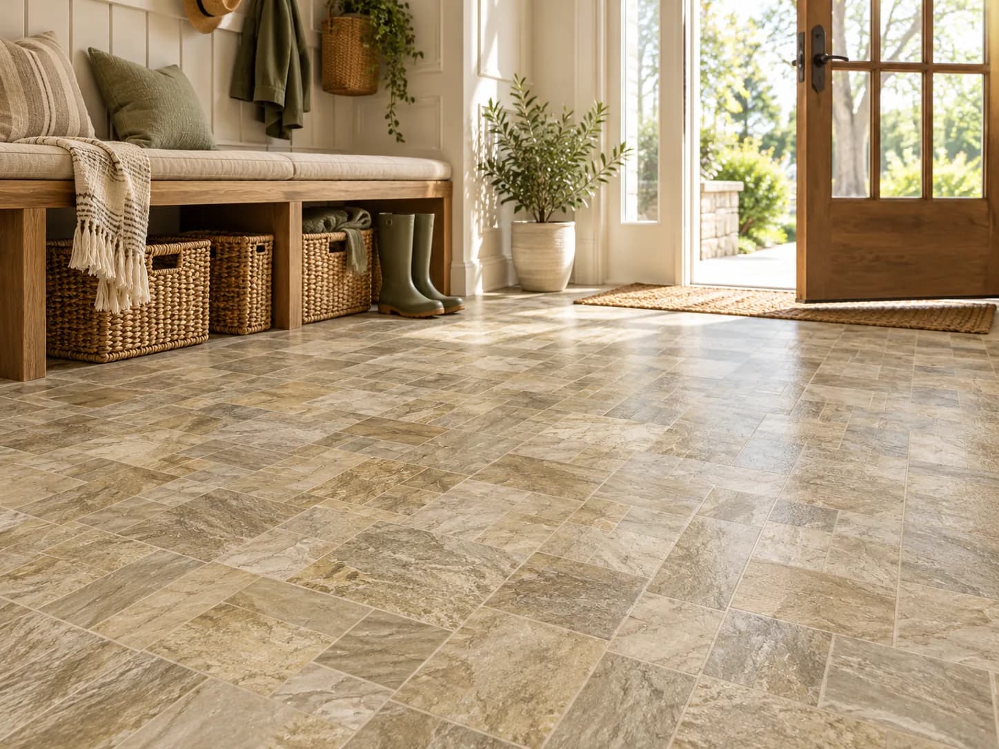 Slate & stone look sheet vinyl: Mannington Platinum City Plaza Sheet Vinyl in Quartzite