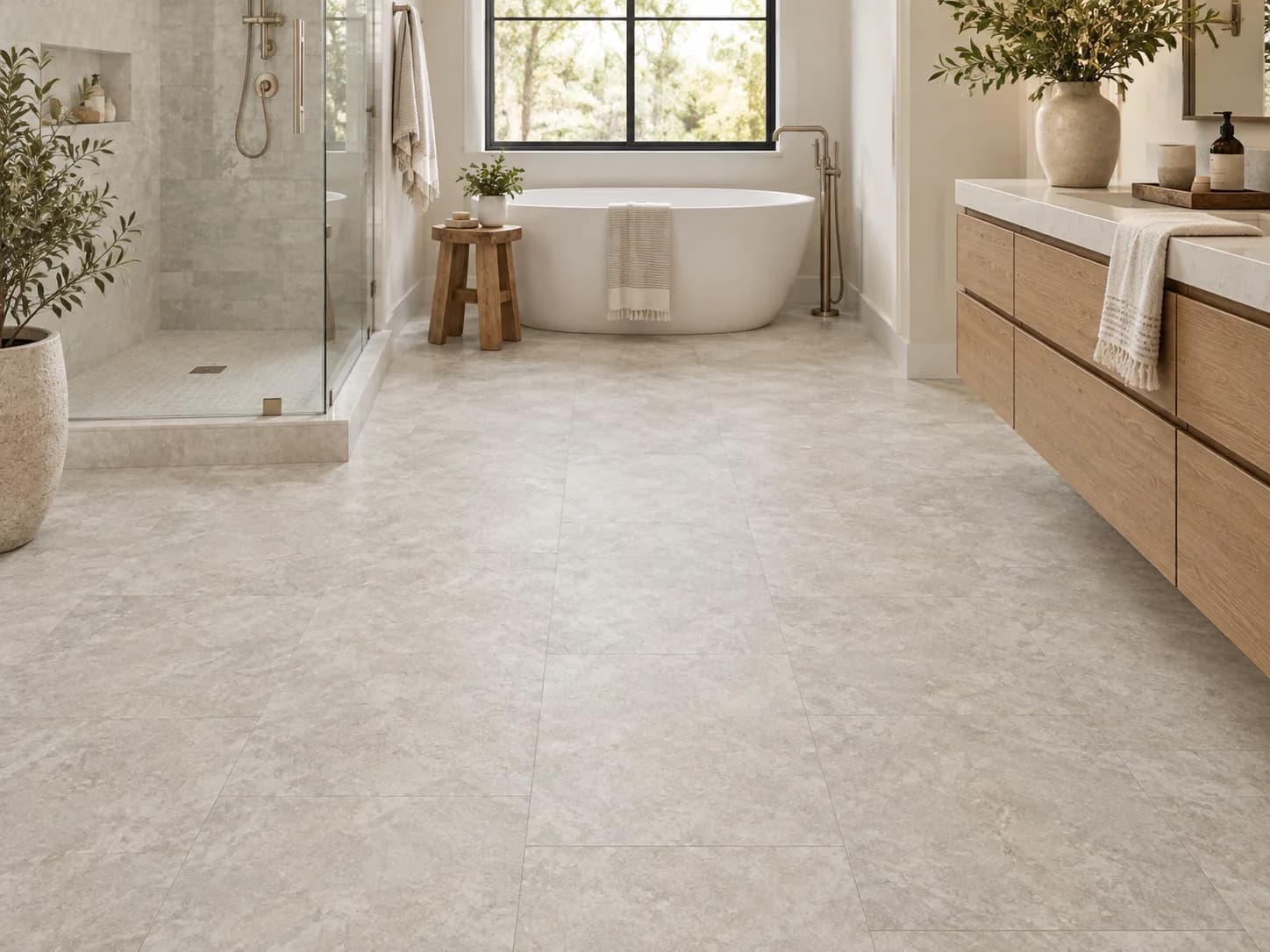 Mannington Platinum Coral Bay Sheet Vinyl in Overcast, shown in bathrooms