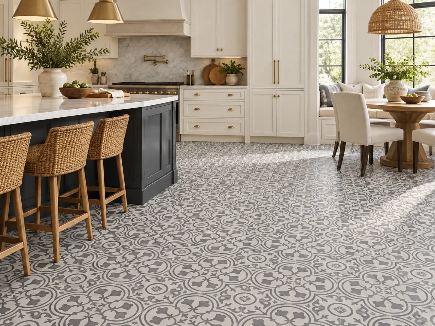 Mannington Platinum Deco Sheet Vinyl in Wrought Iron, shown in unit kitchens