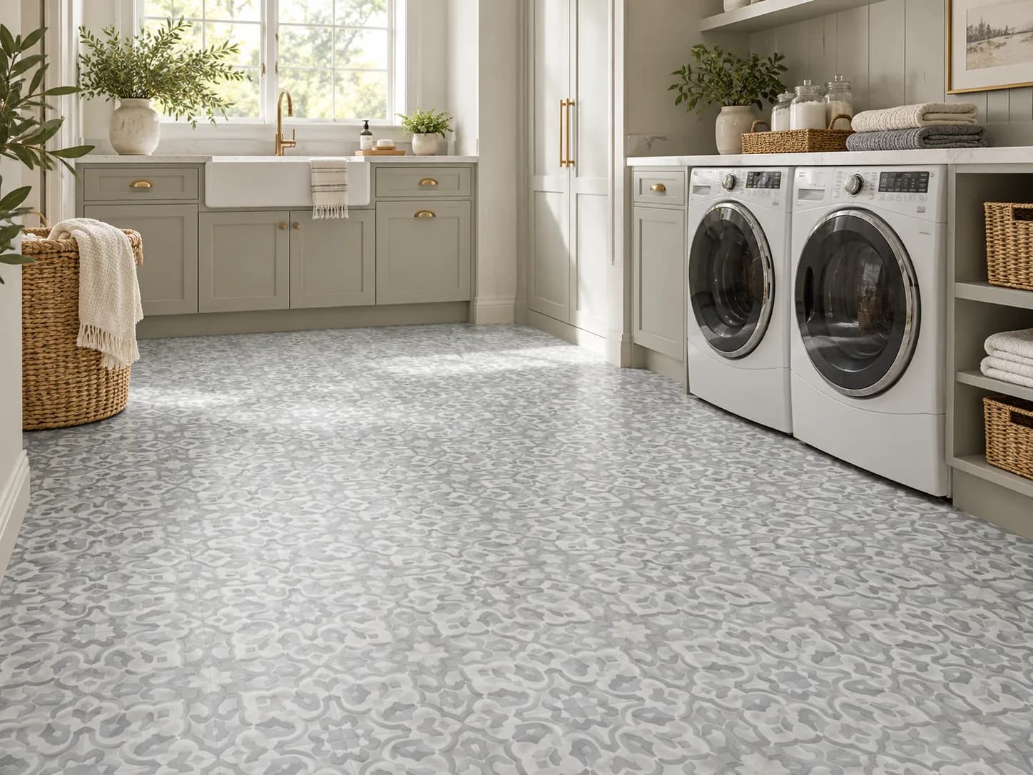 Patterned tile look sheet vinyl: Mannington Platinum Filigree Sheet Vinyl in Pewter