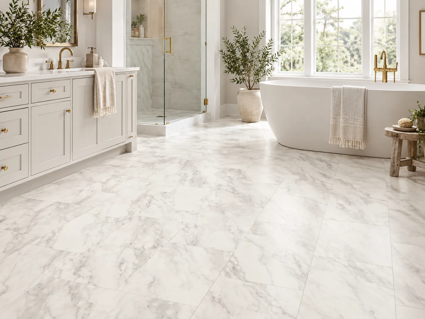 Mannington Platinum Valencia Sheet Vinyl in Terrace, shown in bathrooms