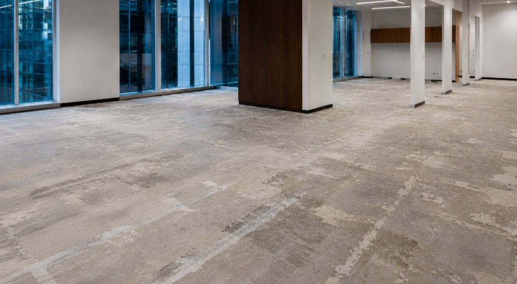 Large commercial office before carpet tile installation with exposed concrete floor, windows, columns, and wall base