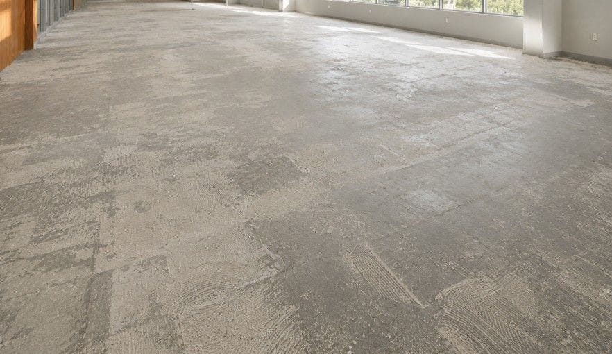 Commercial office flooring before Shaw carpet tile installation with exposed concrete substrate and old adhesive marks