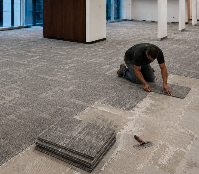Installer placing gray Shaw commercial carpet tiles over prepared office subfloor during carpet tile installation